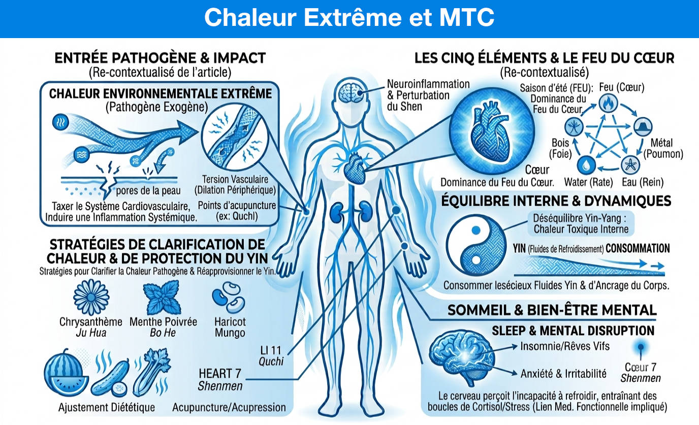 Illustration de la chaleur extrême en médecine traditionnelle chinoise, avec chaleur pathogène, Feu du Coeur, consommation du Yin, plantes rafraîchissantes et points d'acupuncture.