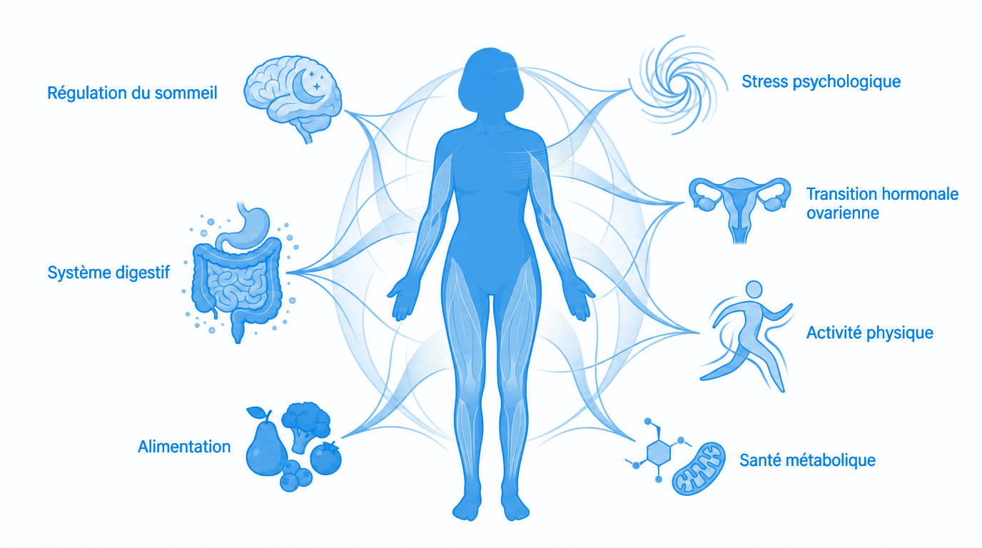 Illustration des facteurs qui influencent la périménopause : sommeil, système digestif, alimentation, stress psychologique, transition hormonale ovarienne, activité physique et santé métabolique.