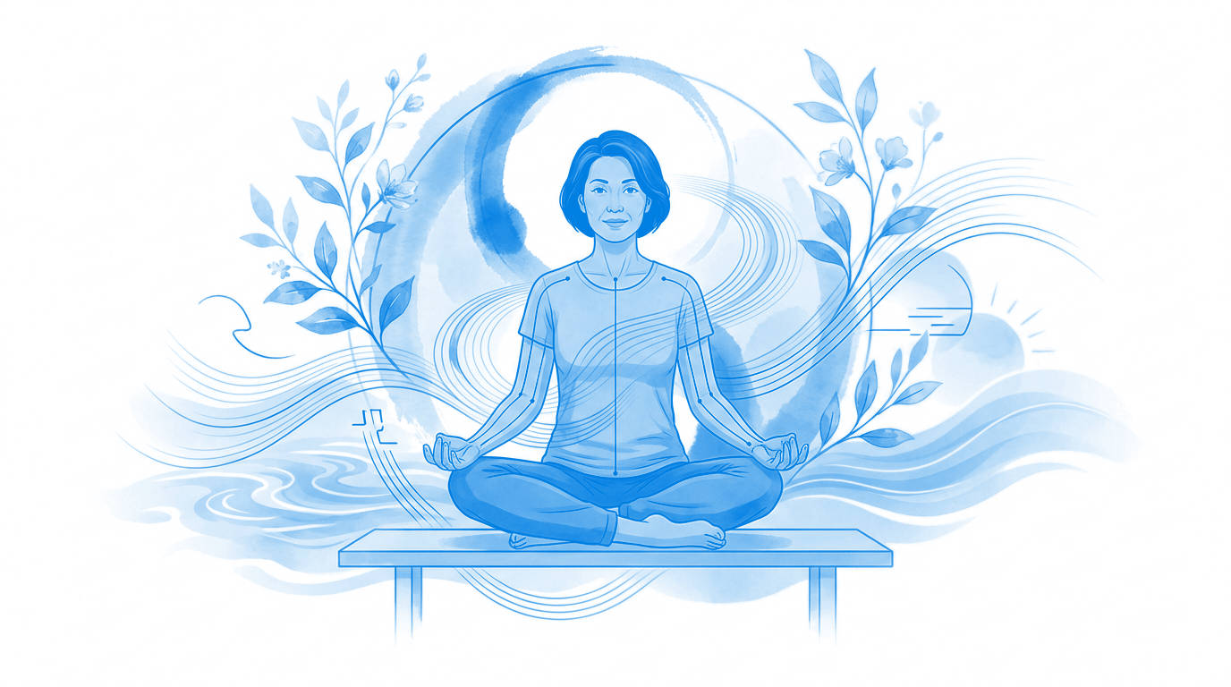 Illustration inspirée de la médecine traditionnelle chinoise montrant une femme assise au calme avec des lignes de circulation et des éléments végétaux.
