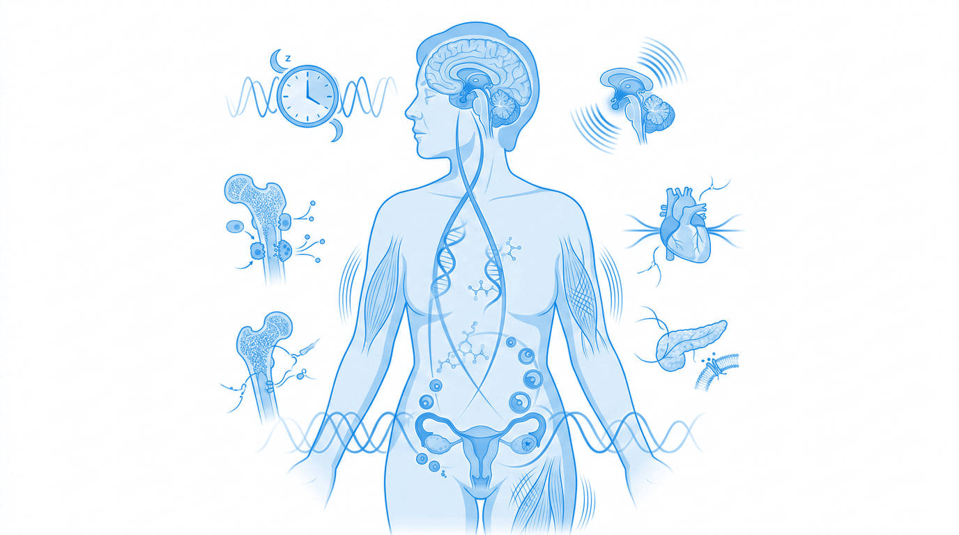 Illustration des interactions entre hormones, cerveau, sommeil, coeur, digestion, santé osseuse et métabolisme pendant la périménopause.